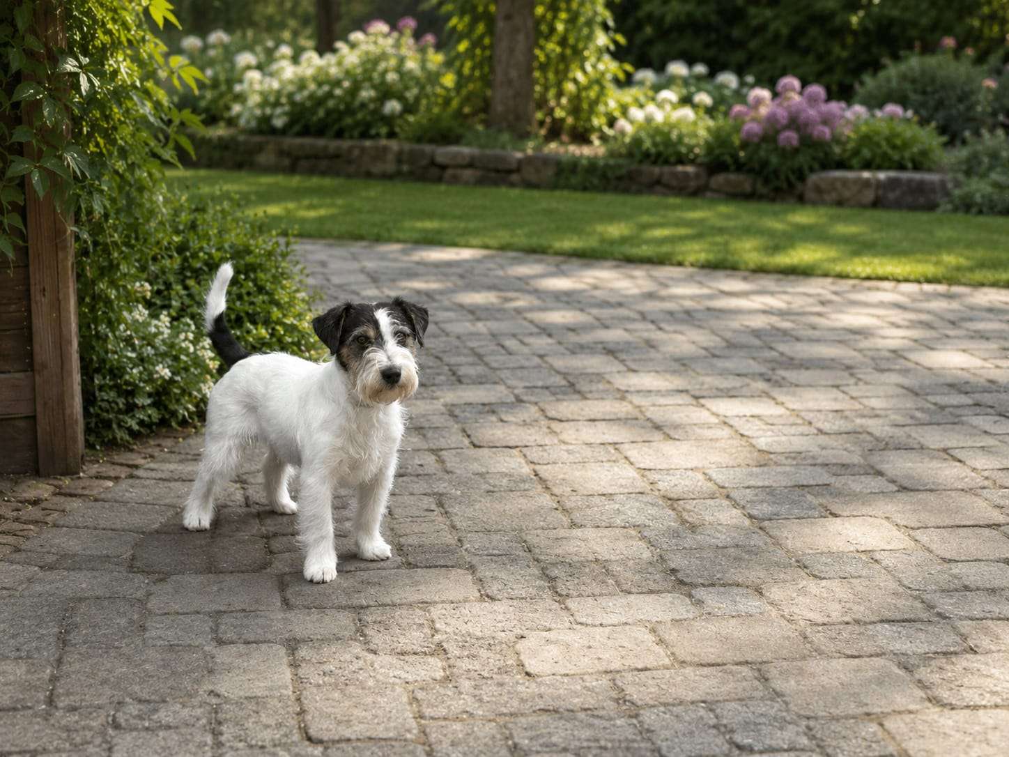 Ruwharige Jack Russell Terrier in een groene tuin bij Kennel Van Het Insula Maris