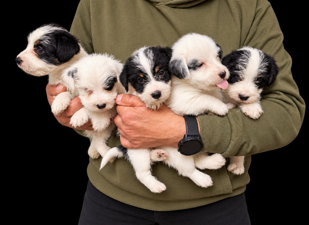 Een persoon in een groene trui houdt vijf zwart-witte pups in de armen tegen een zwarte achtergrond.
